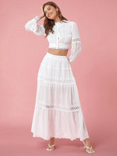 Enchnt Women Solid Color High Waist Contrast Lace Long Skirt